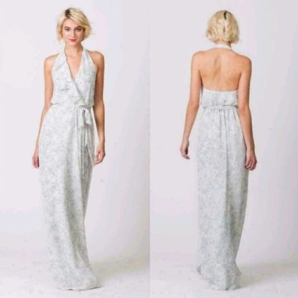 Nouvelle Amsale Erica FLORAL Ruffle Halter Wrap Chiffon Maxi Dress Size S NEW - Picture 1 of 10
